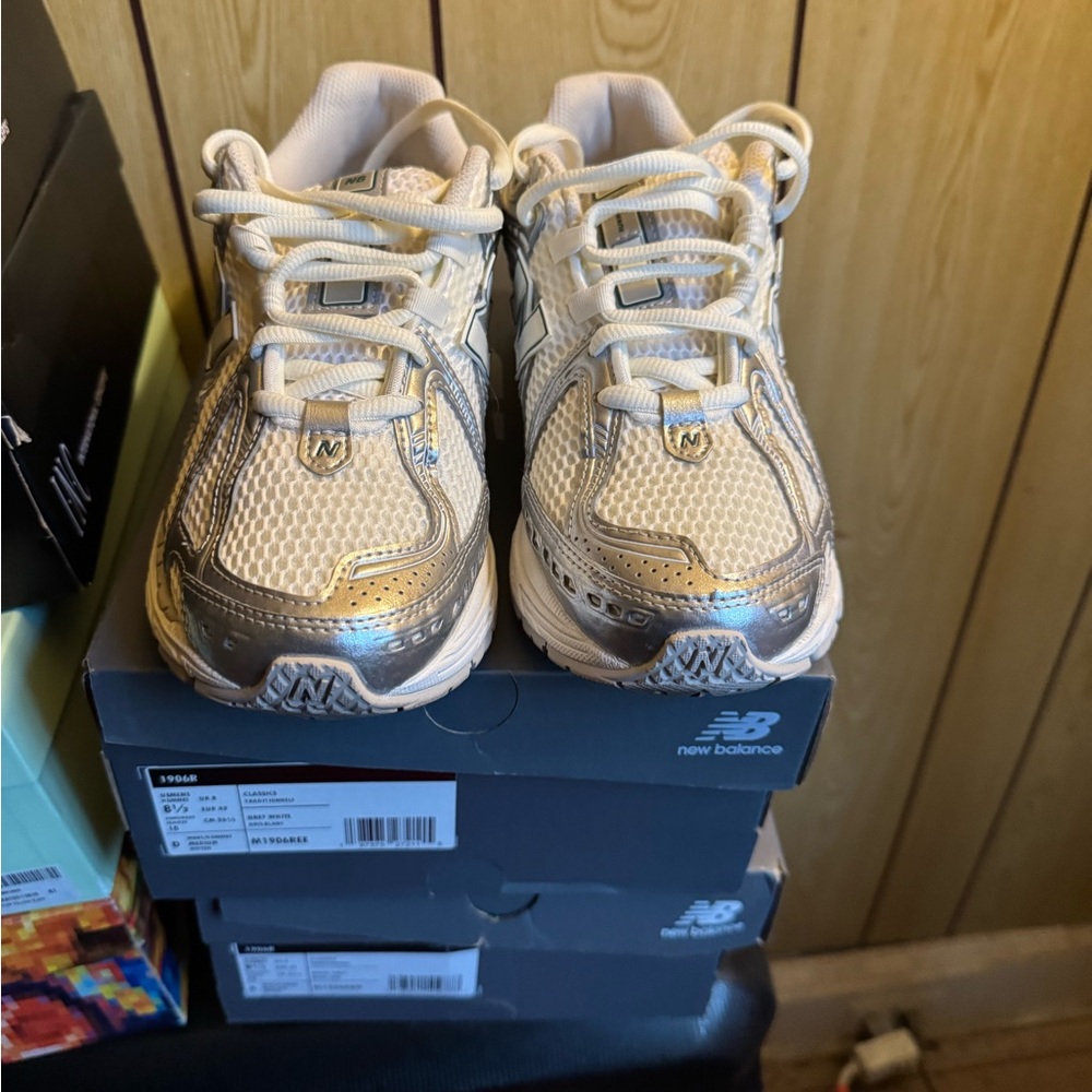 New Balance Cream and Silver Sneakers with Mesh Upper
